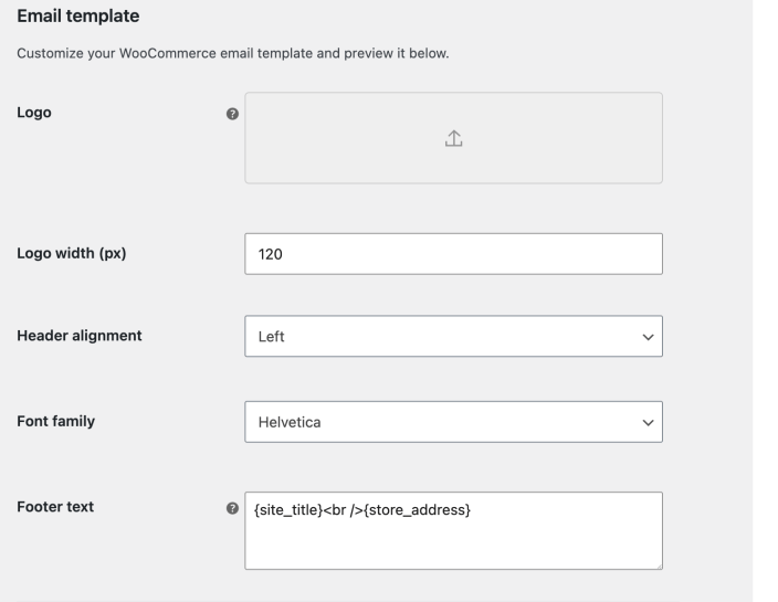 WooCommerce Email template settings for the logo, logo width, header alignment, font family, and footer text.