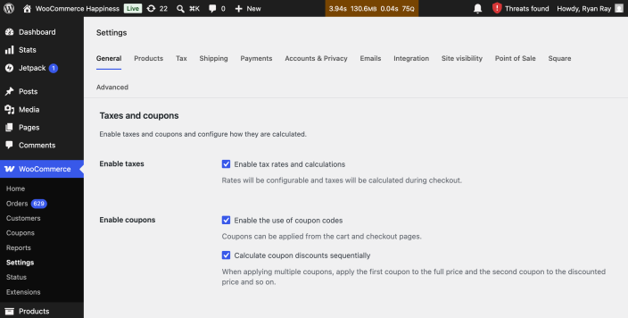 WooCommerce General settings with the Enable tax rates and calculations checkbox selected