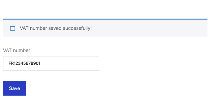 My account VAT number page showing a saved VAT number.