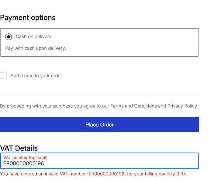 WooCommerce checkout showing an invalid VAT number error.