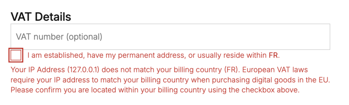WooCommerce checkout showing the error when the digital-goods location confirmation checkbox is not selected.