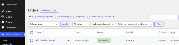 WooCommerce Orders list showing EU VAT validation results.