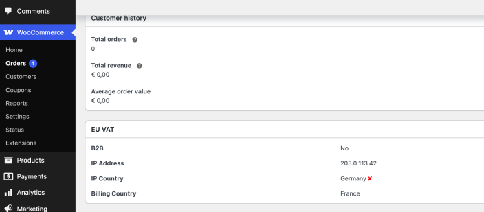 WooCommerce order view showing EU VAT details for a non-B2B order.