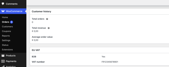 WooCommerce order view showing a validated B2B VAT number.