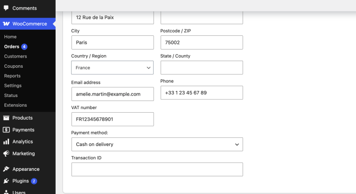 WooCommerce order billing fields showing the customer VAT number.