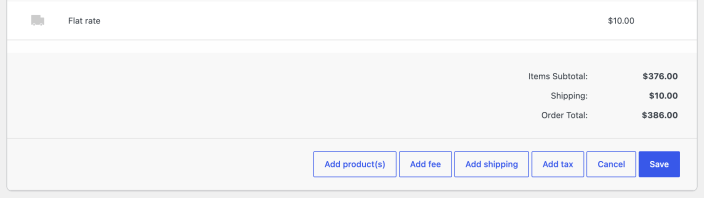 WooCommerce order items panel with Add item(s) expanded to show Add product(s), Add fee, Add shipping, Add tax, Cancel, and Save.