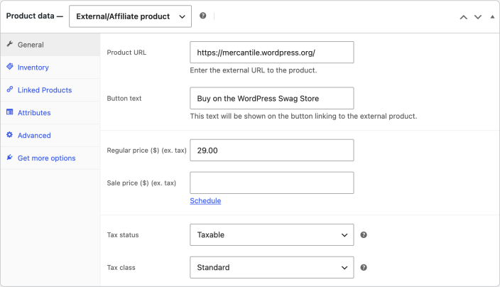 WooCommerce Product data panel for an External/Affiliate product with URL, button text, pricing, and tax fields.