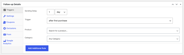 Follow-Up Emails trigger settings configured to send one day after a customer's first purchase