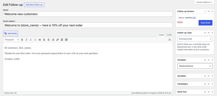 Follow-Up Emails editor showing an inactive welcome email with subject and 10% coupon content