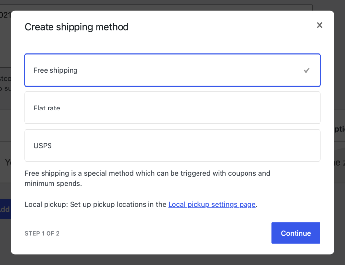 WooCommerce Create shipping method dialog with Free shipping selected and the Continue button.