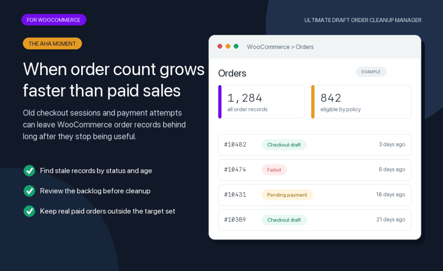 WooCommerce order list showing old checkout-draft, failed, and pending-payment records