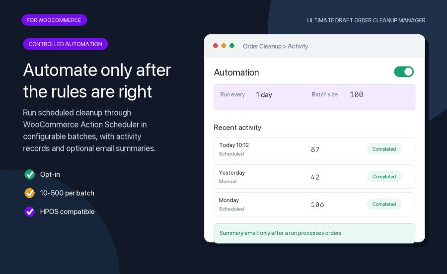 Scheduled cleanup settings with batch size, activity history, summary email, and HPOS compatibility