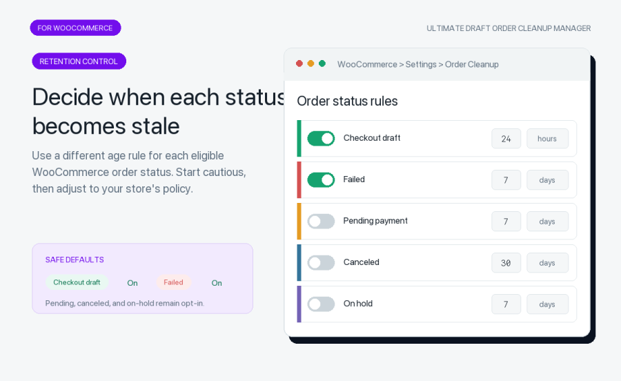 WooCommerce order cleanup settings with status-specific retention periods and opt-in controls