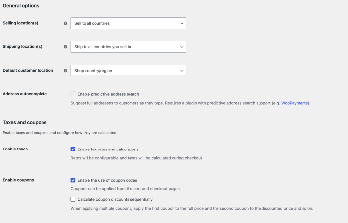 WooCommerce General settings showing selling, shipping, customer location, taxes, and coupon options.