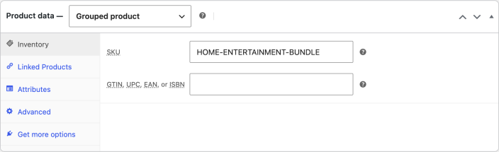 WooCommerce Product data panel with Grouped product selected and its Inventory settings.