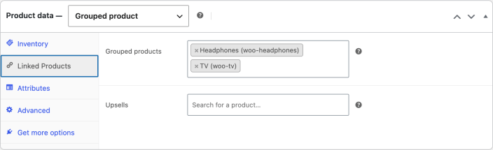 WooCommerce Linked Products settings showing Headphones and TV in a grouped product.