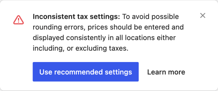 WooCommerce warning about inconsistent tax settings with the Use recommended settings button