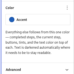 The Color panel of the LWN Checkout Steps block, showing a single Accent swatch set to blue, above text explaining that completed steps, the current step, buttons, tints and the text colour on top of each all follow from it.