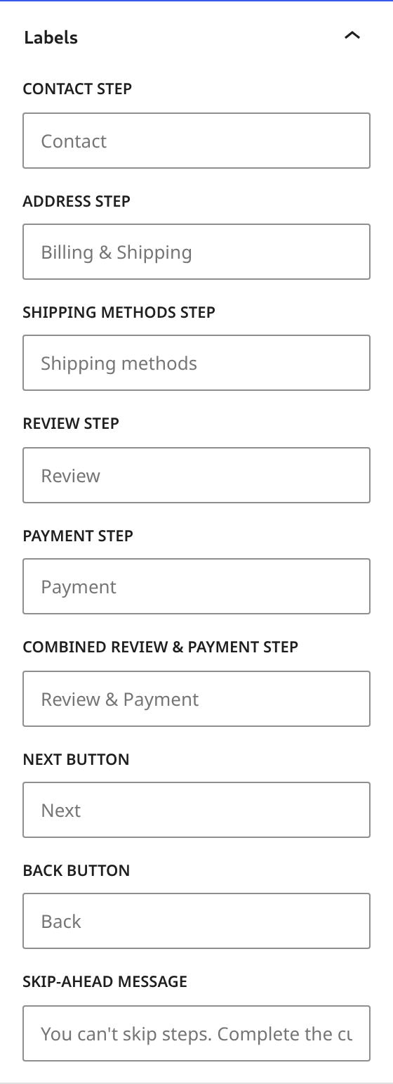 The Labels panel in the LWN Checkout Steps block sidebar, with fields for every step name, the Next and Back buttons, and the skip-ahead message, each empty and showing its built-in wording as a placeholder