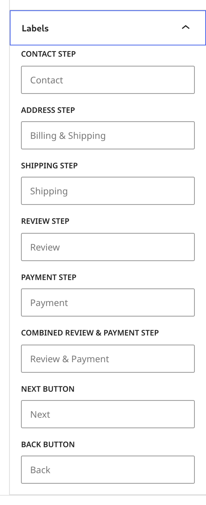 The Labels panel of the LWN Checkout Steps block, with eight empty fields — contact step, address step, shipping step, review step, payment step, combined review and payment step, next button and back button — each showing its default wording as grey placeholder text.