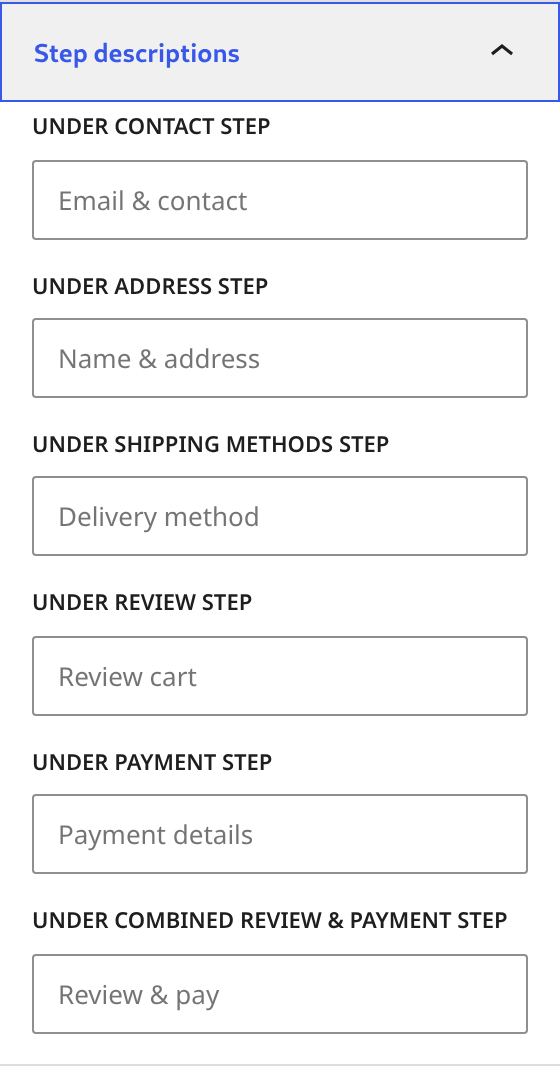 The Step descriptions panel in the LWN Checkout Steps block sidebar, with fields for the smaller line under each step name, each empty and showing its built-in wording as a placeholder