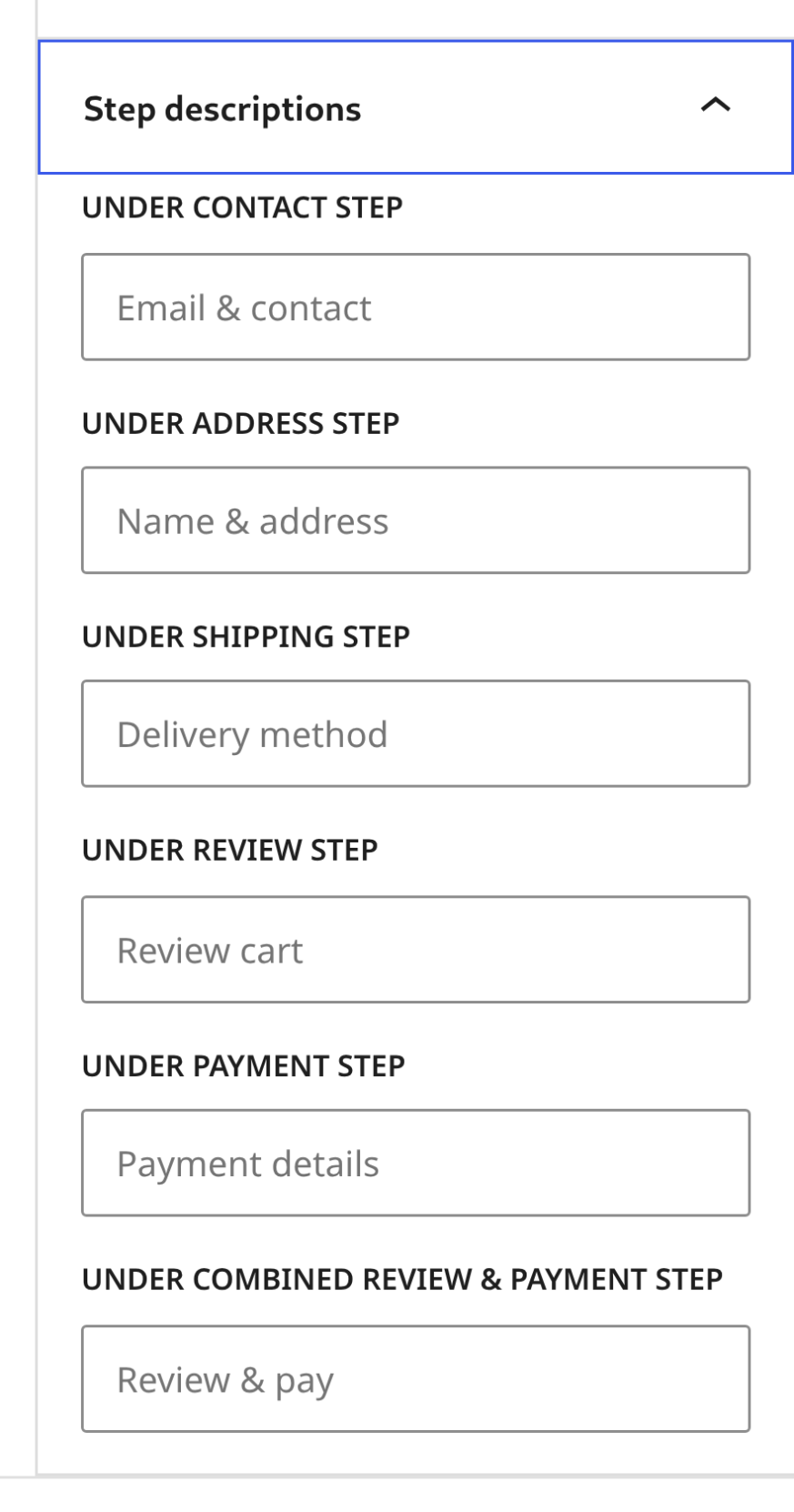 The Step descriptions panel of the LWN Checkout Steps block, with six empty fields for the line under each step name, each showing its default wording as grey placeholder text.