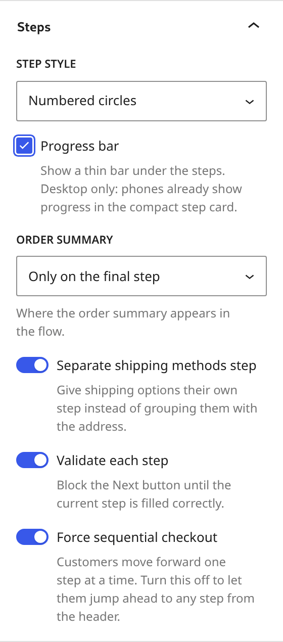 The Steps panel in the LWN Checkout Steps block sidebar, showing step style, progress bar, order summary placement, and the three step-flow toggles