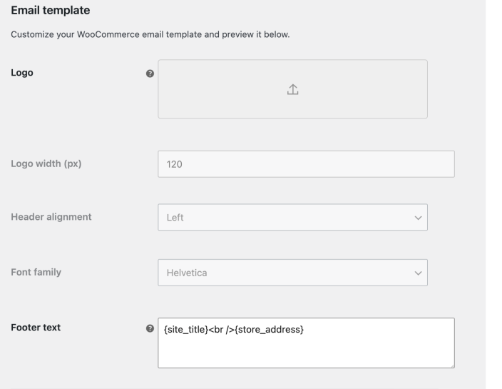 WooCommerce Email template settings with email improvements disabled, showing logo width, header alignment, and font family unavailable.
