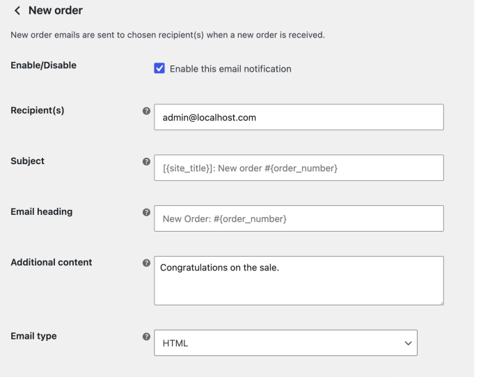 Legacy New order email settings for the recipient, subject, heading, additional content, and email type.