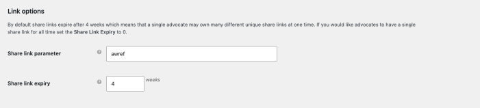 Refer A Friend link options with awref as the share link parameter and a four-week expiry.