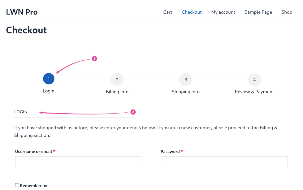 Numbered checkout progress bar with step 1 Login active, followed by the login form with username and password fields.