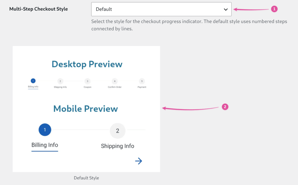 Multi-Step Checkout Style dropdown set to Default, with a live desktop and mobile preview of numbered step circles, both marked with pink arrows.