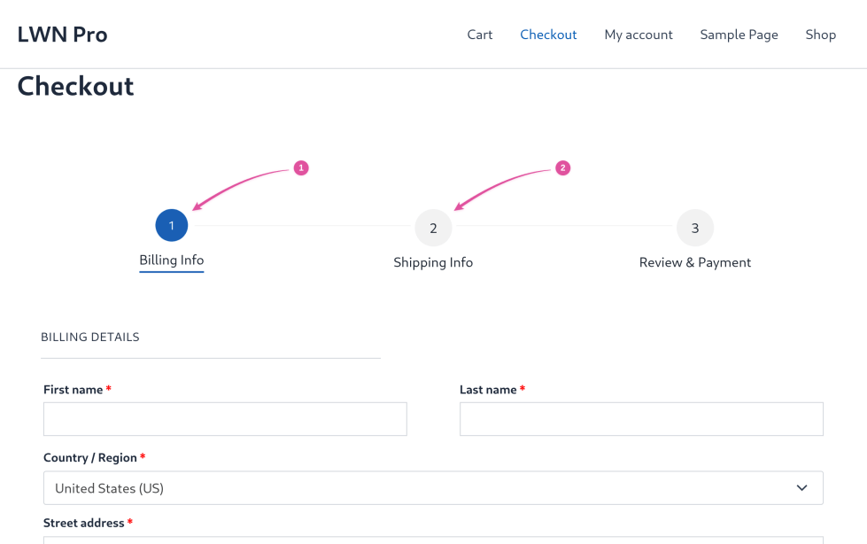 Numbered checkout progress bar with step 1 Billing Info active and step 2 Shipping Info next, above the Billing Details form.