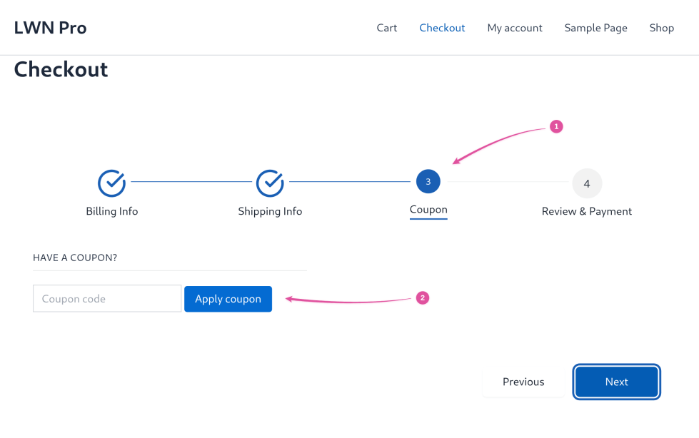 Checkout progress bar with step 3 Coupon active and a "Have a coupon?" field with Apply coupon button below.