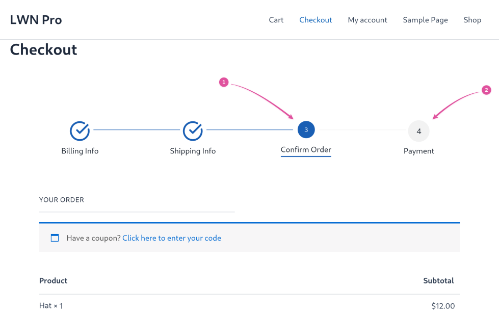 Checkout progress bar with step 3 Confirm Order active and step 4 Payment next, above the Your Order summary.
