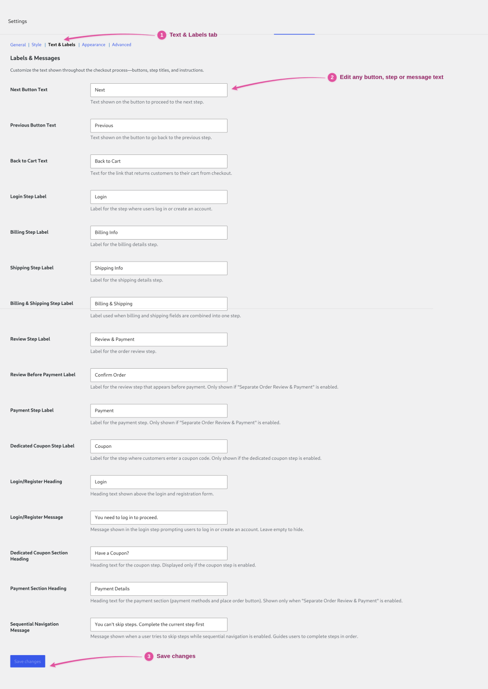 Text & Labels tab of LWN Multi-Step Checkout with pink arrows pointing to the tab, the editable label fields, and the Save changes button.