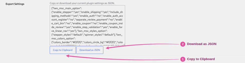 Export Settings section showing the JSON textarea, with pink arrows pointing to the Copy to Clipboard and Download as JSON buttons.