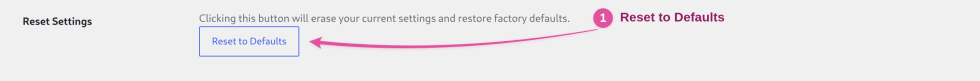 Advanced tab Reset Settings row with a pink arrow pointing to the Reset to Defaults button.