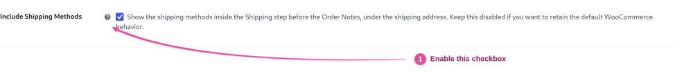 Include Shipping Methods setting with a pink arrow pointing to its enabled checkbox.