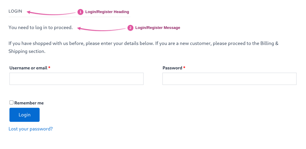 Checkout login step with pink arrows pointing to the LOGIN heading and the "You need to log in to proceed." message.
