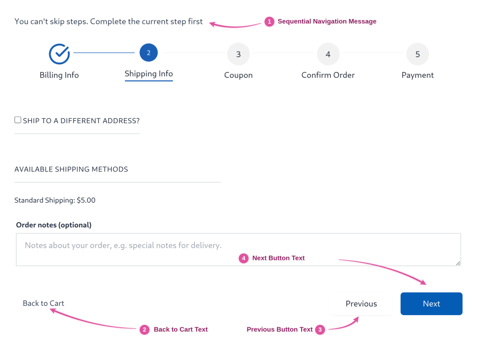 Shipping Info step of a multi-step checkout with pink arrows marking the sequential navigation message, Back to Cart link, Previous button and Next button.