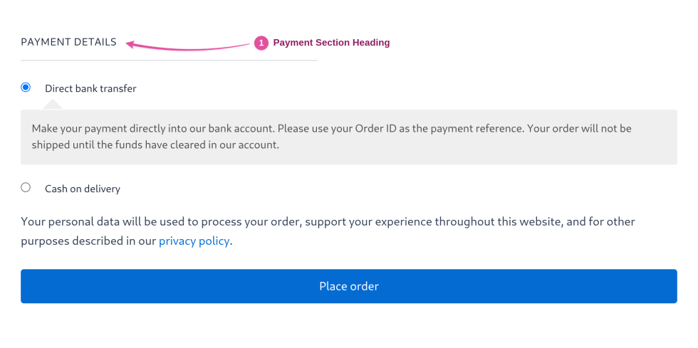 Payment checkout step with a pink arrow pointing to the "PAYMENT DETAILS" heading above the payment methods and Place order button.
