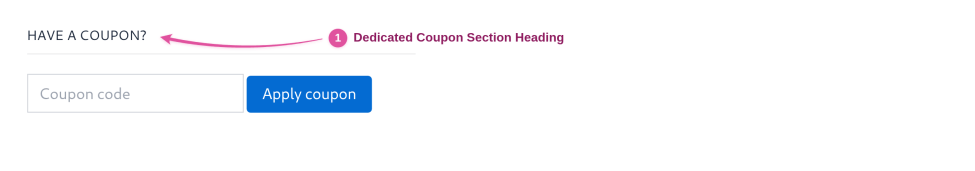 Coupon checkout step showing the "HAVE A COUPON?" heading marked with a pink arrow, above the coupon code field and Apply coupon button.