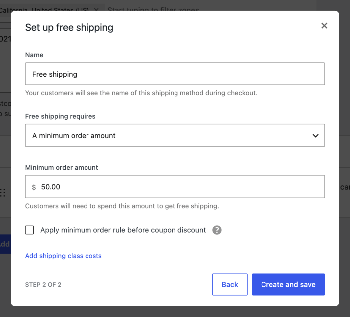 WooCommerce Set up free shipping dialog showing a minimum order amount and coupon-discount option.