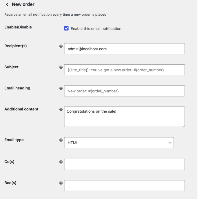 New order email settings including recipients, subject, heading, additional content, email type, Cc, and Bcc.