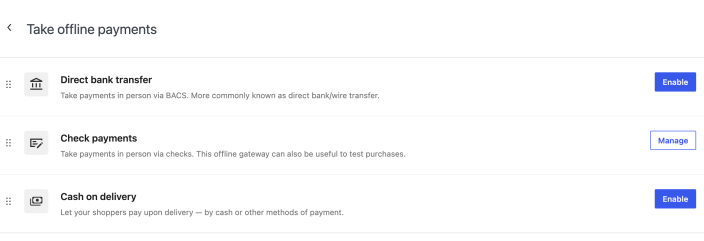 WooCommerce offline payment methods showing Direct bank transfer, Check payments, and Cash on delivery controls.