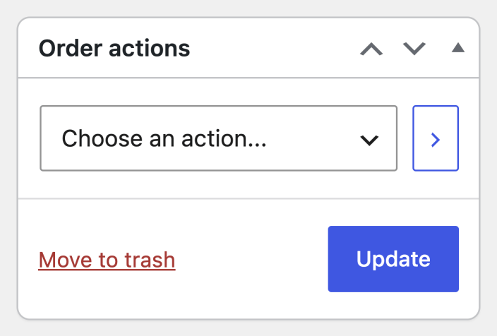WooCommerce Order actions panel showing the action menu, sentence-case Move to trash link, and enabled Update button.