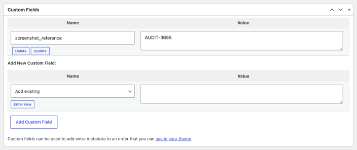 WooCommerce Custom Fields panel showing an existing order field and the Add New Custom Field controls.