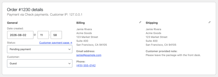 WooCommerce order details panel showing the order date, pending payment status, guest customer, billing address, and shipping address.