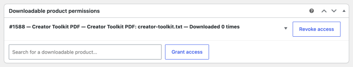 Downloadable product permissions panel showing granted access for Creator Toolkit PDF and the controls to revoke or grant access.